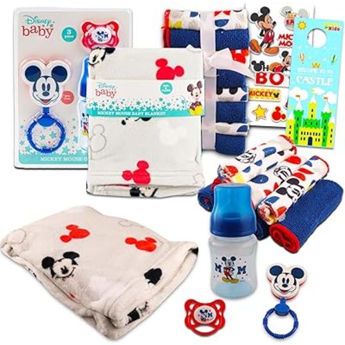 Disney Mickey Mouse Baby Gift Set, Baby Shower Gifts Boys Neutral - 12 Pc Newborn Essentials Bundle with Blanket, Towels, Rattle, Bottle, Pacifier, Scrapbook Stickers, More