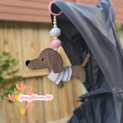 Crochet Dachshund Dog, Stroller Mobile Toy, Wiener Dog Gift, Crochet Wiener Dog, Crochet Pram Toy,Stroller Hanging Toy, Baby Sensory Toy