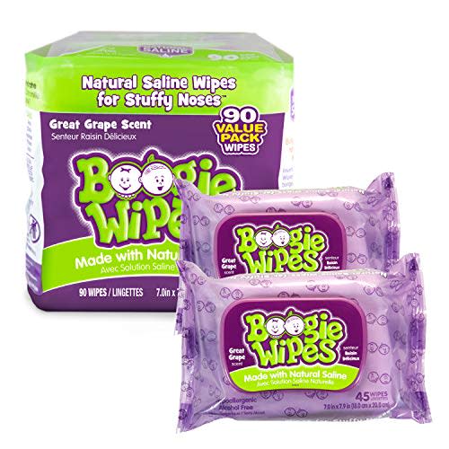 Baby Wipes by Boogie Wipes, Wet Wipes for Face, Hand, Body & Nose, Made with Vitamin E, Aloe, Chamomile and Natural Saline, Grape Scent, 45 Count, Pack of 2
