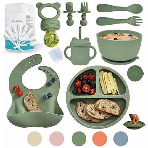 Remonda Baby Led Weaning Supplies | Silicone Baby Feeding Set Includes Suction Bowls and Plates, Baby Utensils Spoons and Forks,Cup for Toddler | Babies Eating Dishes Set 6-12 Months(Green) - 3-Forest Guard