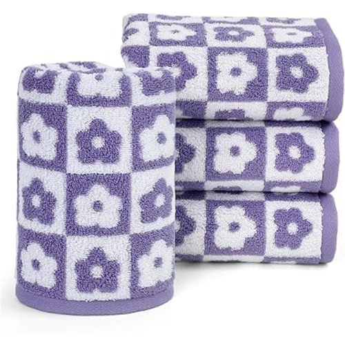 Jacquotha Cotton Face Towels Set of 4 - Checkered Floral Bathroom Hand Towels for Everyday Use, 29” x 13” Lilac