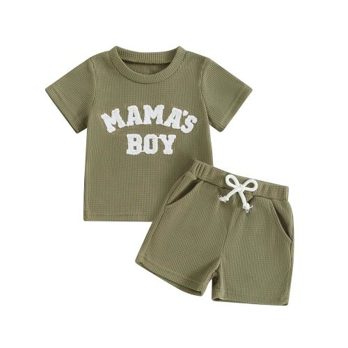 Kupretty Toddler Baby Boy Summer Clothes Embroiderey Waffle Knit Short Sleeve T-Shirt Tees + Casual Shorts Cute Clothing Set