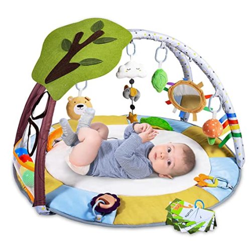 Lupantte Lion Baby Gym Play Mat with 9 Toys for Sensory and Motor Skill Development Language Discovery, Thicker Non-Slip Baby Activity Gym with Ball Pit, Green Tree for Babies as Shower/Christmas Gift