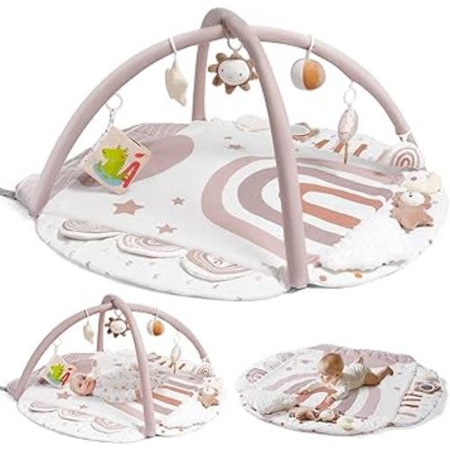 Baby Gym Play Mat, Tummy Time Mat & Pillow, Stage-Based 4 Zone Sensory & Motor Skills Development, Activity Mat with Learning Cards, Washable & Non-Slip, Play Mat for Baby to Toddler, Pink Rainbow