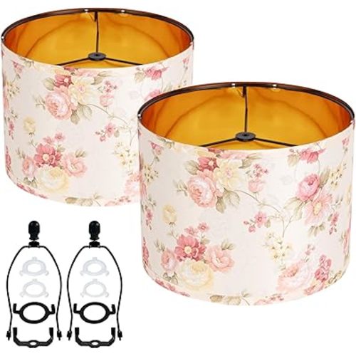 Duoerwo Pink Weaving Decorative Large Medium Lampshades Set of 2 Fabric Shades,Drum 12 Inches For Table Lamp, Floor Lamp, Pendant Light,Floor Lamp,Farmhouse Lamp,Lamp Shade Harp Holder Included