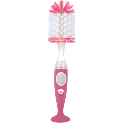 Nuby Easy Clean Dispensing Soft and Durable Bristle Bottle Brush with Textured Handles and Suction Base, 2 in 1 System, Pink