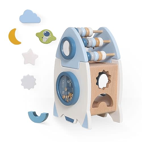 Smartwo Wooden Space Toy for Baby 1 Year Old, Montessori Toys for Babies 12-18 Months, Toddler Rocket Toy Age 1-3, Sensory Activity Cube Learning Game, 1st Birthday Gift for Boys and Girls