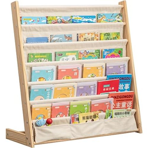 7 Tier Wooden Kids Bookshelf Book Holder Natural Wood Book Rack Storage Bookshelf for Kids Room Study Room Play Room Toy Storage Organizer (W: 29.52")