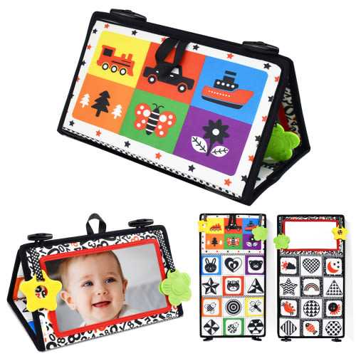 Dr.Rapeti Tummy Time Floor Mirror for Baby Infant Toddler Kids Black and White High Contrast baby toy with Teethers Floor Activity Toy Washable Non-Toxic