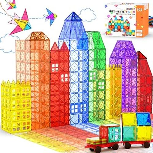 UREC 104PCS Magnetic Tiles, Magnetic Blocks Building Toys Set with 2 Cars, STEM Preschool Educational Learning Construction Toy for Kids, Christmas Birthday Gift for Boys and Girls