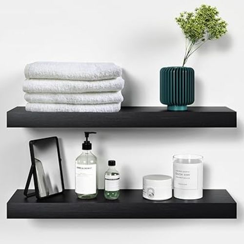 Homeforia Black Floating Shelves 24 Inch, Premium Solid Wood Kitchen Wall Shelf, Heavy Duty Bracket, 24 x 6.5 x 1.75 Inch, Set of 2