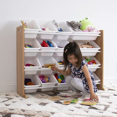 Humble Crew Extra-Large Toy Organizer, 16 Storage Bins, Universal, Natural/White - Natural Wood/White