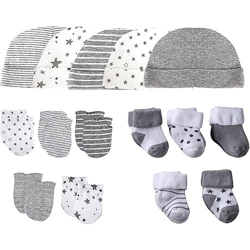 Chamie Baby's Organic Cotton Socks, Caps and Mittens Set for Baby Girls and Boys