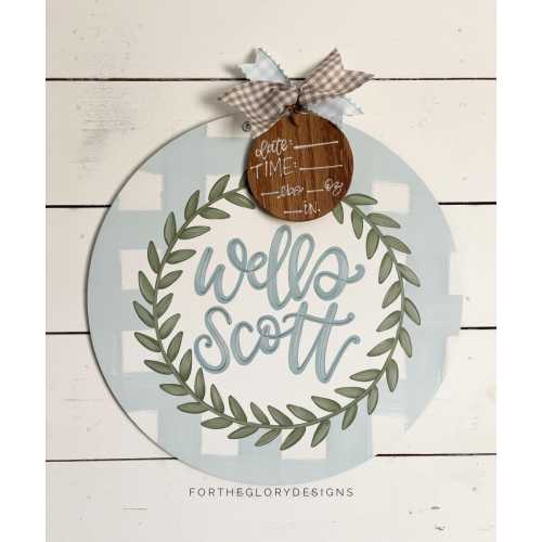 circle hospital door hanger for boys // blue plaid, greenery circle // circle leaves wreath // nursery name sign