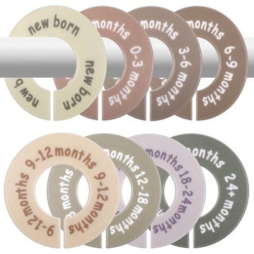 8 Pcs Baby Closet Dividers, Double-Sided Clothes Organizer for 0-24 Months | Durable dividers easily fit most standard closet rods. Clear NB-24M labels make sorting and finding baby clothes a breeze.