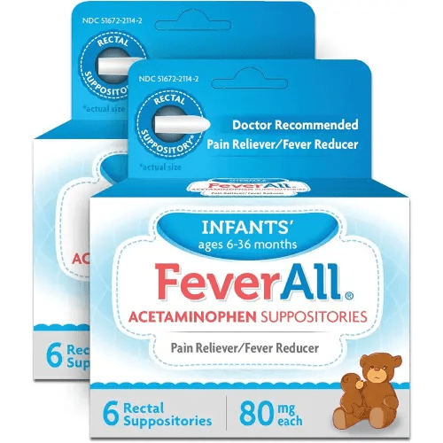 Feverall Infant Acetaminophen Suppositories 6 Rectal Suppositories 80mg Each Pain Reliever/Fever Reducer. Paraben Free, No Artificial Colors or Other preservatives. Ages 6-36 Months- 2 Pack