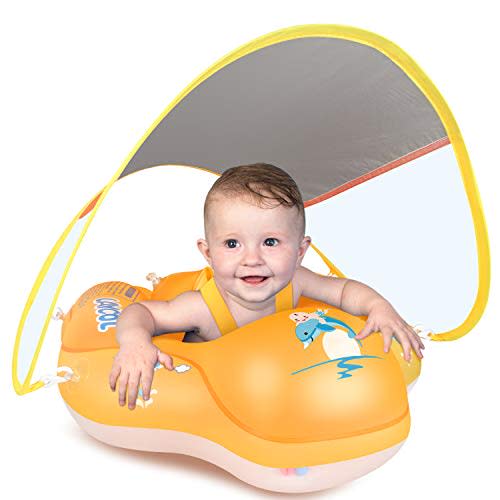 LAYCOL Baby Swimming Float Inflatable Baby Pool Float Ring with Sun Protection Canopy,add Tail no flip Over for Age of 3-36 Months