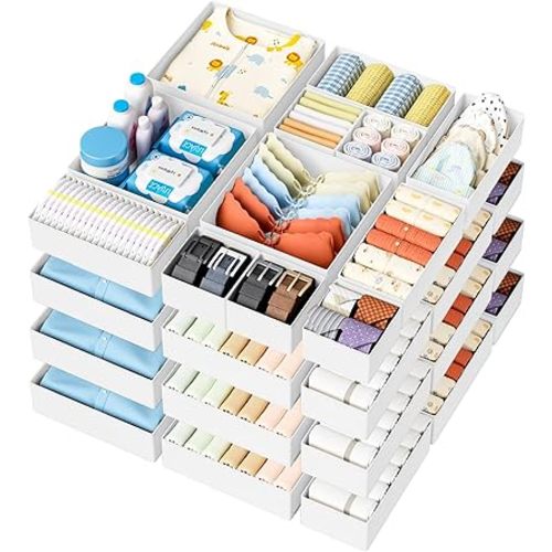 DIMJ Drawer Organizer Clothes 20 Pack - Foldable Baby Organizers and Storage & Dresser Organizer for Bedroom, Closet - Nursery Organization Dresser Dividers for underwear, Sock,Bra, Belt, Tie, White
