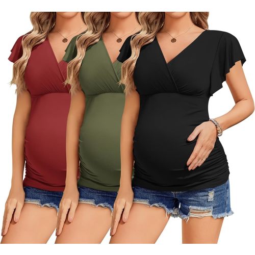 Ekouaer Women's Maternity Shirts 3 Packs Nursing Tops Flying Short Sleeve Breastfeeding Tees Side Ruched Pregnancy Clothes