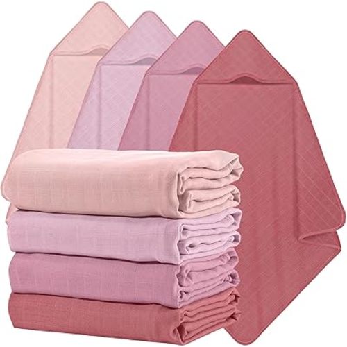 Preboun 4 Pcs Muslin Hooded Baby Towels,32"x 32" Cotton Newborn Bath Towel Muslin Infant Baby Blankets Absorbent Unisex Newborn Registry Gift for Girls Boys(Brown Series)