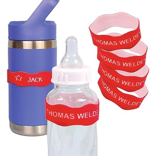 InchBug Orbit Labels Baby Bottle and Water Bottle Silicone Name Bands – Personalized Reusable Label Set for Daycare, Sippy Cups, Preschool, Elementary School, Dishwasher Safe, 4-Pack (Fire Truck Red)