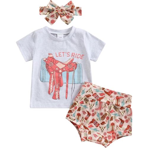 Western Baby Girl Clothes Set Toddler Cow Print Short Sleeve T Shirt Top Shorts with Headband 3Pcs Boho Summer Outfit - 6-12 Months - Gray