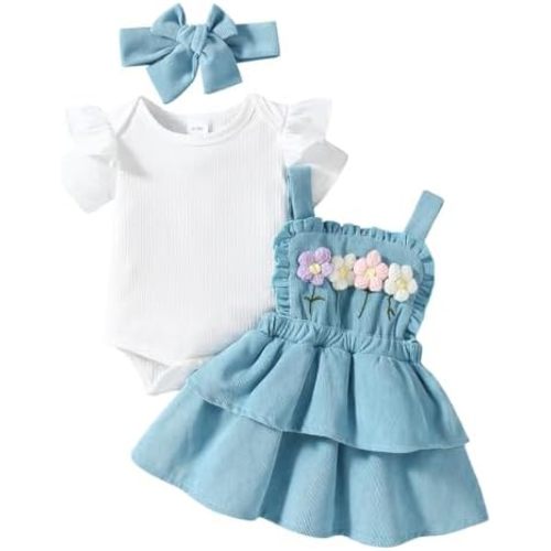 Madjtlqy Infant Girls Summer 3Pcs Outfit Sets Ruffle Short Sleeve Ribbed Romper + Suspender Skirt + Headband