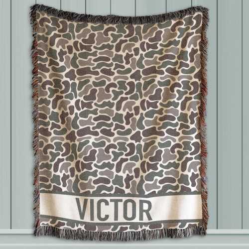 Personalized  Old School Camo Woven Boys Blanket, Made in USA of 100% pure cotton, Baby Keepsake Gift, Nursery Decor