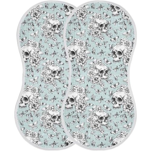 Muslin Burp Cloths for Baby Boys and Girls - 2-Pack Ultra Absorbent Goth Skull Muslin Washcloths, Newborn Towel, Milk Spit Up Rags, Burp Cloth Bib for Unisex, 22 x 11 Inch