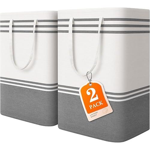2 Pack Large Laundry Baskets, Laundry Hampers, Freestanding Waterproof Collapsible Clothes Bag with Extended & Reinforced Handles - Clothes Basket for Dorm, Bathroom, Home (Light Grey/75L)