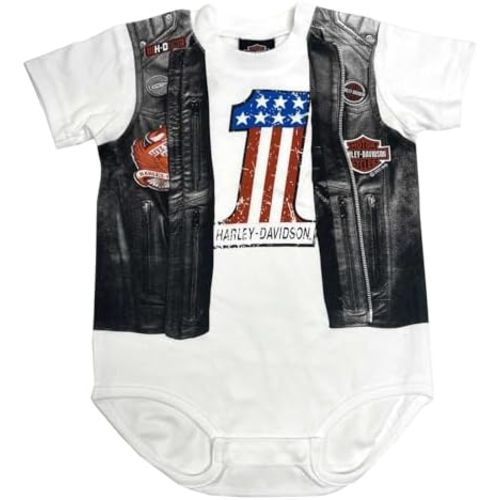 Harley-Davidson Baby Boys' Printed Faux Leather Vest Short Sleeve Creeper, White