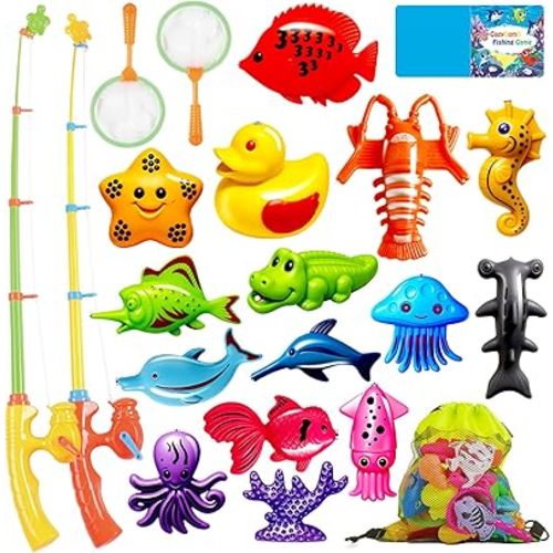 CozyBomB™ Magnetic Fishing Toys Game Set for Kids | Water Table Bathtub Kiddie Pool Party & Pole Rod Net, Plastic Floating Fish Toddler Color Ocean Sea Animals Birthday Age 3 4 5 6 Year