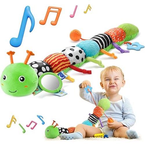 HEMRLY Baby Sensory Toy 0-6 Months, Musical Stuffed Caterpillar Plush with Teether, Crinkle, Rattle, Baby Mirror for Tummy Time, Infant Car Seat Toy for 0-3-6-12 Month Boys Girls Gifts - Knotted Green