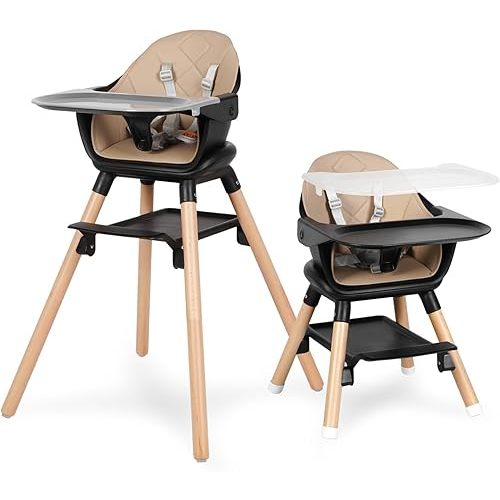 6 in 1 Baby High Chair, Convertible Wooden High Chairs/Booster Seat for Babies and Toddlers, Baby Feeding Chair with 5-Point Harness/Double Removable Tray & Adjustable Footrest (Black)