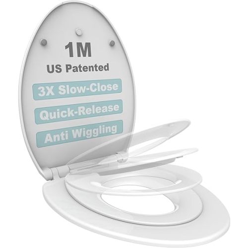 Elongated Toilet Seat with Toddler Seat Built In, Slow Close for Both Child & Adult Seats, Potty Training Seat, No Wiggle and Easy to Install, Detachable Toddler Seat for Longterm Usage, White