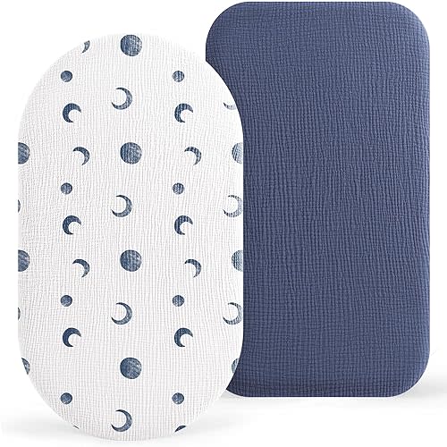 Bearmoss Bassinet Sheets - 2 Pack Muslin Cotton Bassinet Sheets Fits Oval and Rectangle Bassinet Mattress, Breathable and Skin-Friendly for Baby Boy and Girl (Blue Moon&Royal Blue)