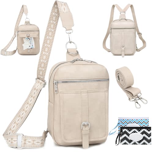 Sling Bag Crossbody Backpack Purse - 2 in 1 Leather Cross Body Bag Fanny Pack with 2 Removable Strap Large Chest Shoulder Bag