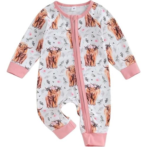Karwuiio Baby Boy Girl Western Clothes Cow Print Long Sleeve Romper Jumpsuit One Piece Newborn Fall Winter Outfit