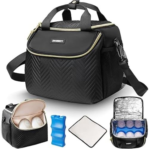 Wearable Breast Pump Bag,Breastmilk Cooler Travel Bag Compatible with Momcozy/Medela/Elvie/Willow Breast Pump with Ice Pack and Water Resistent Mat for 6 Baby Bottles Up to 9 Ounce,Black