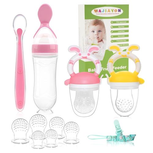 WAJIAYON Baby Fruit Feeder Pacifier | 2 Infant Food Feeder Pacifier & 1 Baby Food Dispensing Spoon | Mesh Fresh Fruit Teethers for Babies Teething Toys | Shower Gifts for Boys and Girls (Pink &Yellow)