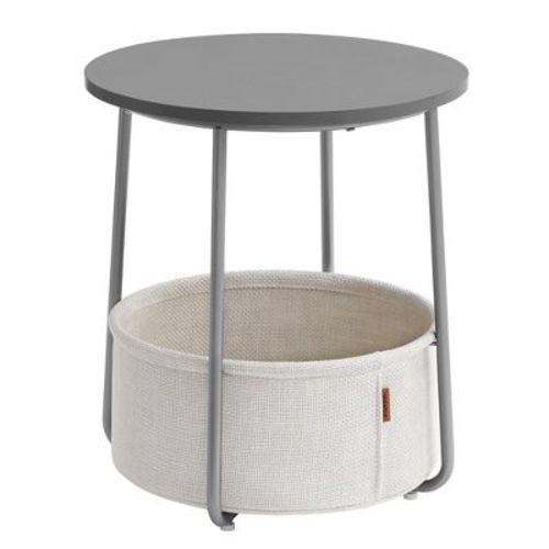 Small Round End Table Nightstand Side Table with Fabric Basket Cement Gray and Cream White