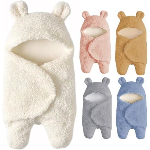 Baby Swaddle Blanket Boys Girls Cute Bear Plush Essential Receiving Blanket Ultra-Soft Newborn Registry Sleeping Wraps for Infant 0-6 Months - White