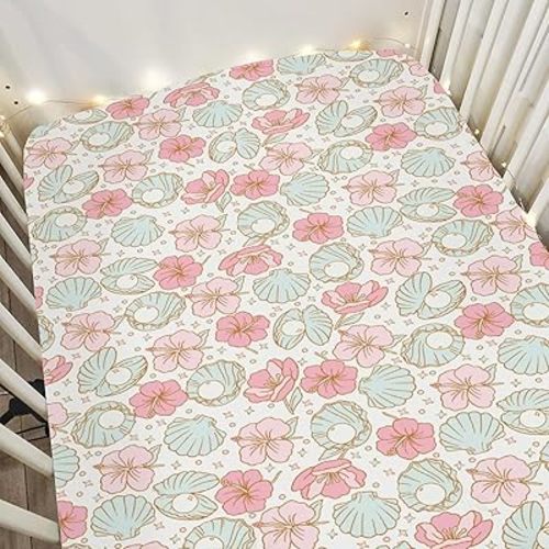 Boho Summer Mermaids Floral Baby Crib Sheets for Boy Girl 52"x28" Beach Seashells Conch Tropical Flowers Soft Snug Fitted Crib Mattress Cover Ocean Marine Baby Sheet for Crib & Toddler Bed Mattress