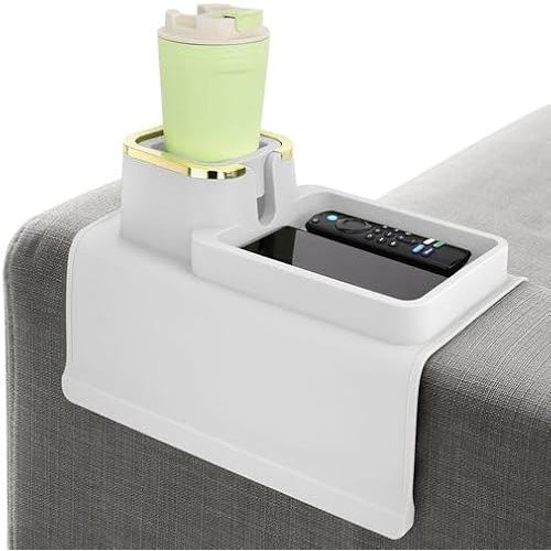 Couch Cup Holder Tray & Coffee Cup - Silicone Sofa Cup Holder Couch Arm Rest - Cup Holder Couch Caddy - Cup Holder for Recliner Chair Arm - Couch Remote Holder for Couch Arm Table White