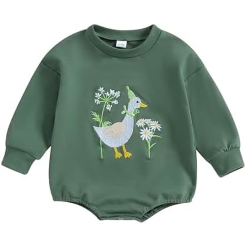 Newborn Baby Girl Fall Clothes Duck Silly Goose Embroidery Long Sleeve Sweatshirt Bubble Romper Animal Farm Outfits
