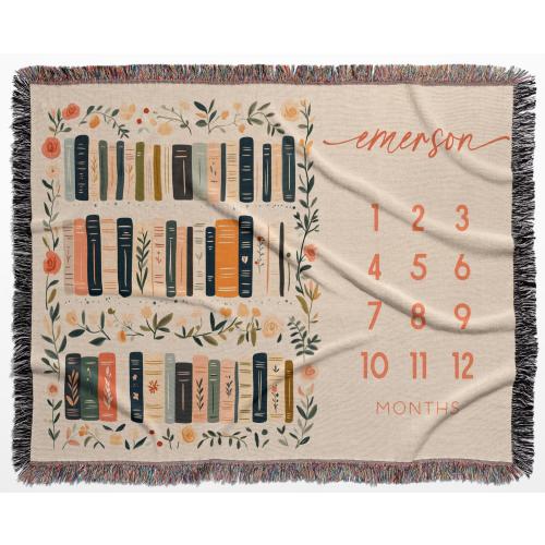 Custom Book-Themed Milestone Woven Blanket, Book Blanket for Nursery Decor, Wildflowers Books Monthly Blanket, Baby Shower Booklover Mom