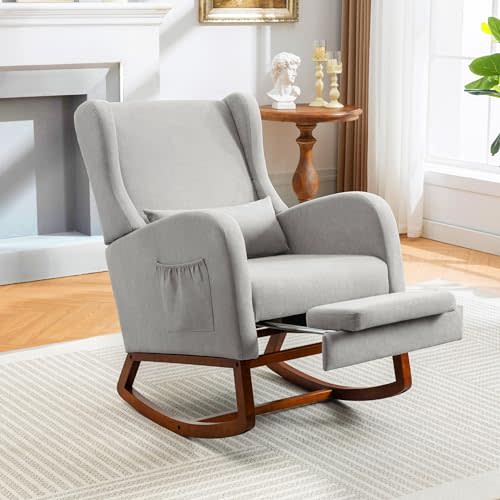 AYEASY Rocking Chair Nursery Glider Chair with Foot Rest, Nursery Rocking Chairs with Rubber Wood Legs Side Pocket, High Back Nursing Chair, Accent Rocker Arm Chair Baby Bedroom, Living Room, Grey