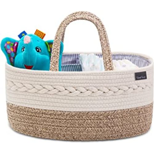 Baby Diaper Caddy Organizer, Portable Nursery Storage Basket with Changeable Compartments, 100% Cotton Woven Rope Baskets, Car & Changing Table Tote, Newborn Gift