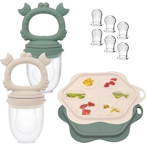 Ginbear Baby Fruit Food Feeder & Popsicle Molds Combo Set of 2 for Teething Relief with 6 Extra Pouches, Mesh Silicone Feeders for Babies 4 Months+ (Dark Sage + Ivory)