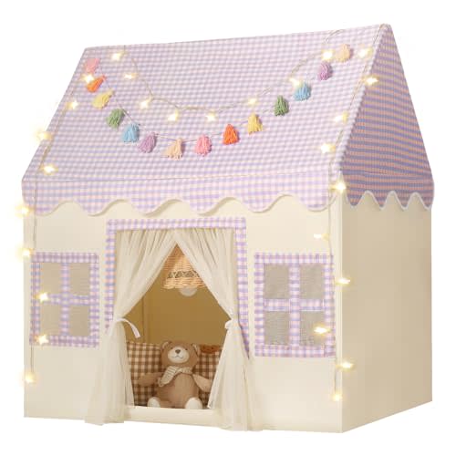 Senodeer Kids Play Tent Indoor: Mat, Tassel Garland, Star Lights - Purple Checkered Girls Tent Playhouse for Toddlers Kids Toys for Boy Girl Birthday Gift